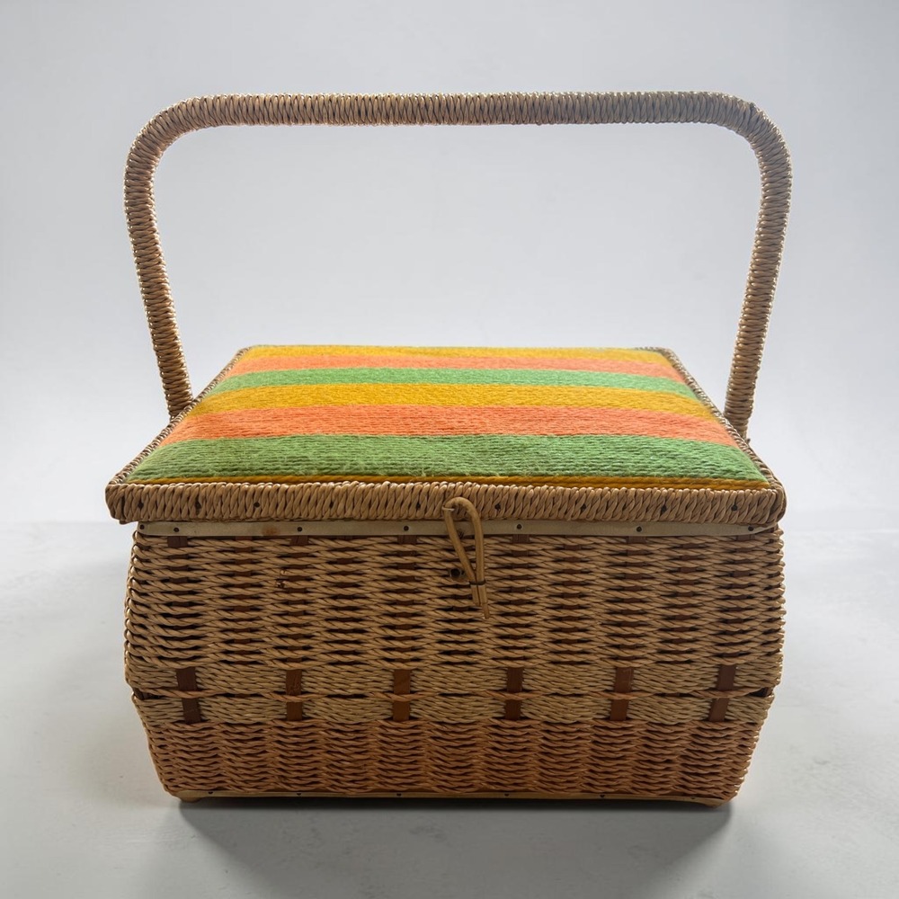 Vintage JCPenney Wicker Sewing Basket Woven Striped Yarn Lid Yellow Lining Japan